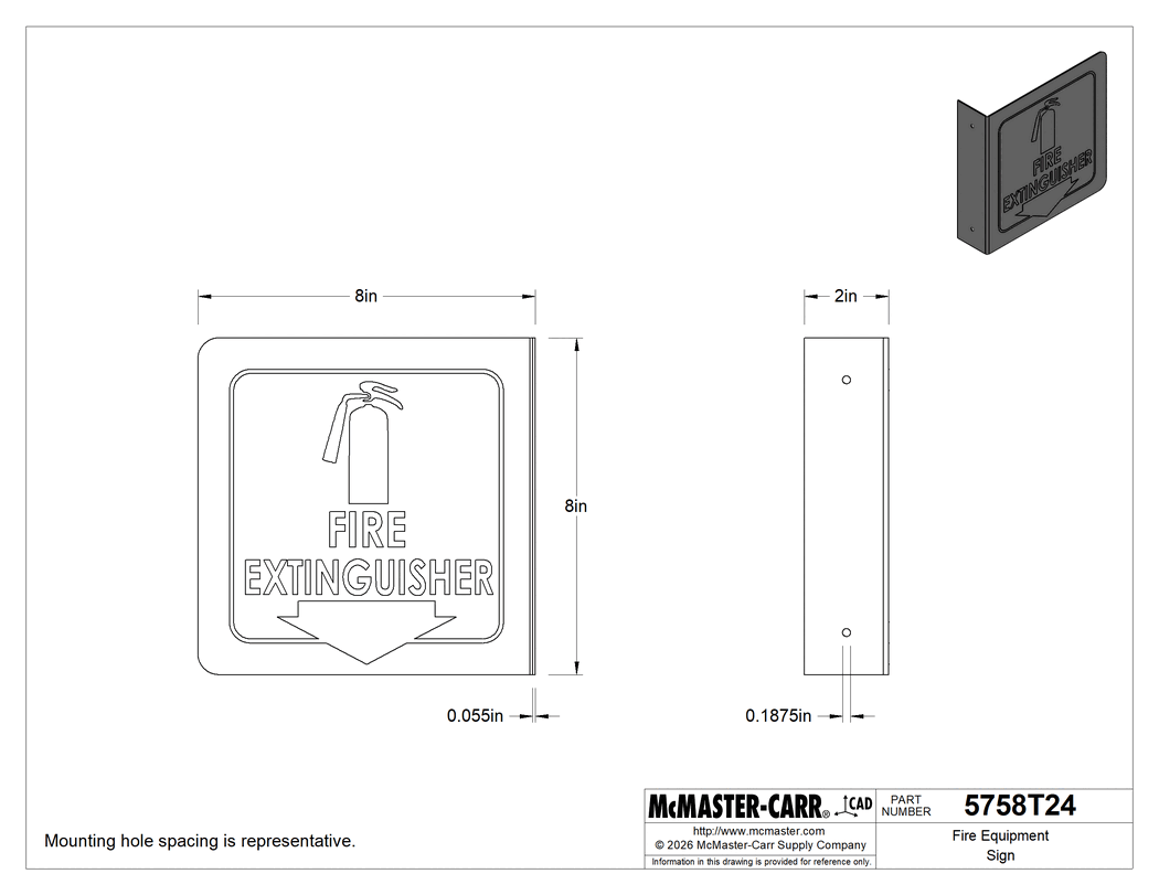 Technical Drawing of Fire Equipment Sign, Two-Way Flange-Mount, Fire Extinguisher Sign, 8" Square.
